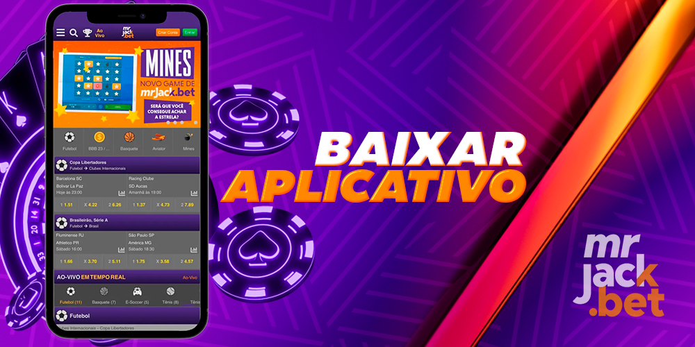 Promotional image for the MrJack.bet app featuring a smartphone displaying the app interface, with the text 'Baixar Aplicativo' in bold orange and white, and a purple background with glowing casino chips.